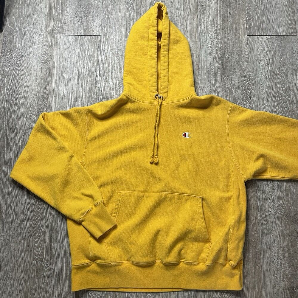 Champion Reverse Weave Hoodie Sweatshirt Men Large Yellow Cotton